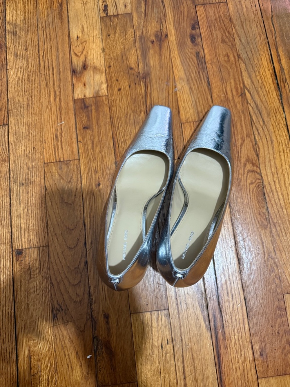 Michael Kors Metallic Silver Leather Square-Toe Pumps - Picture 2 of 6